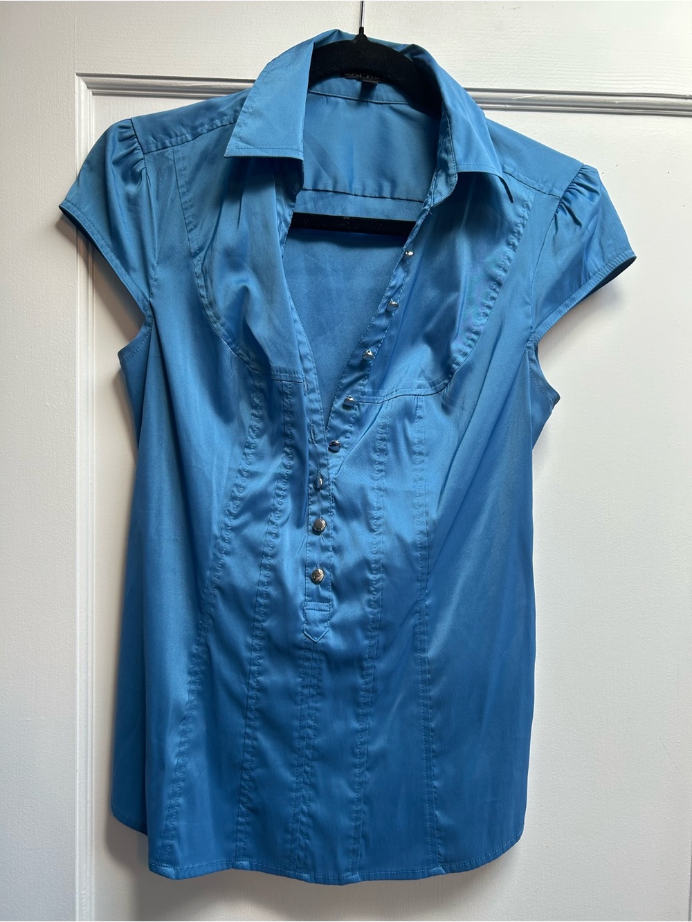 Express Blue Cap-Sleeve Button-Front Blouse - Size S
